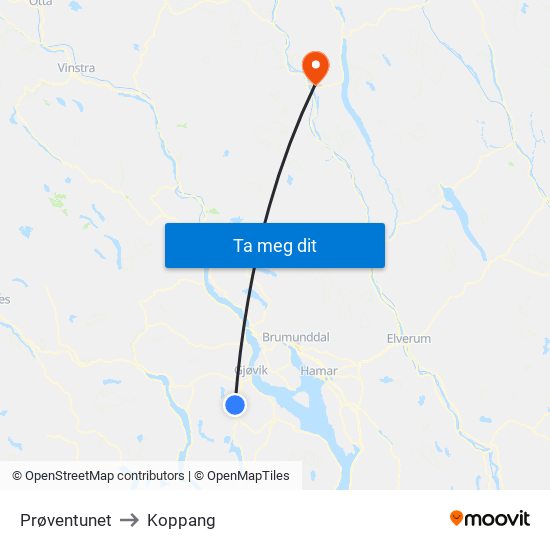 Prøventunet to Koppang map