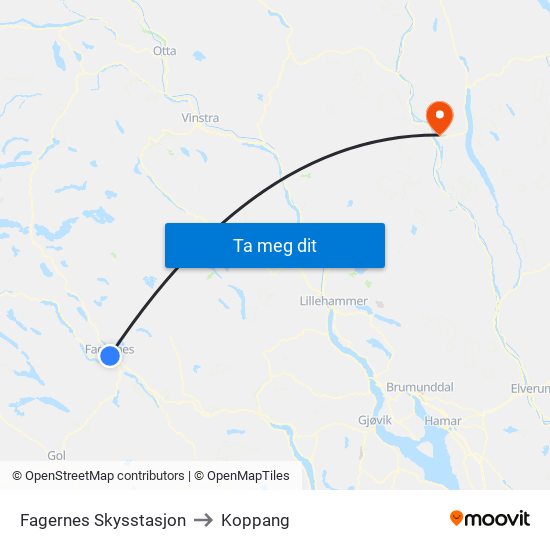 Fagernes Skysstasjon to Koppang map