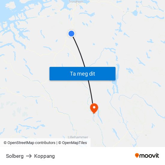 Solberg to Koppang map