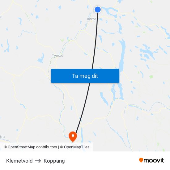 Klemetvold to Koppang map