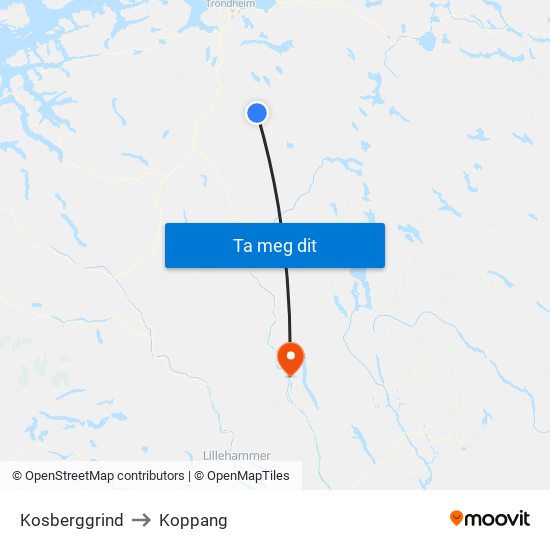 Kosberggrind to Koppang map