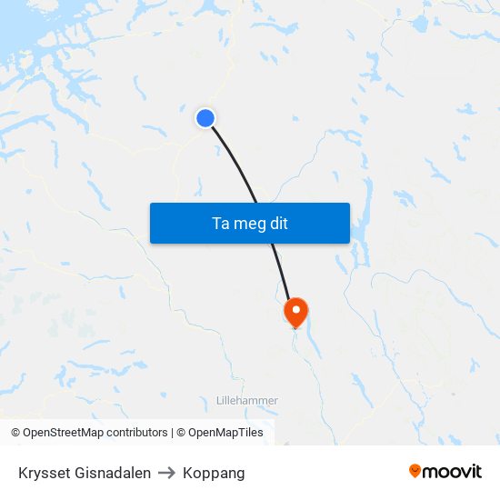 Krysset Gisnadalen to Koppang map