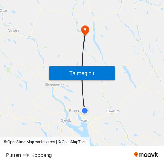 Putten to Koppang map