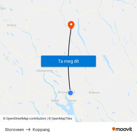 Storsveen to Koppang map