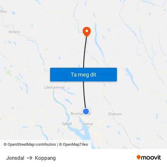 Jonsdal to Koppang map