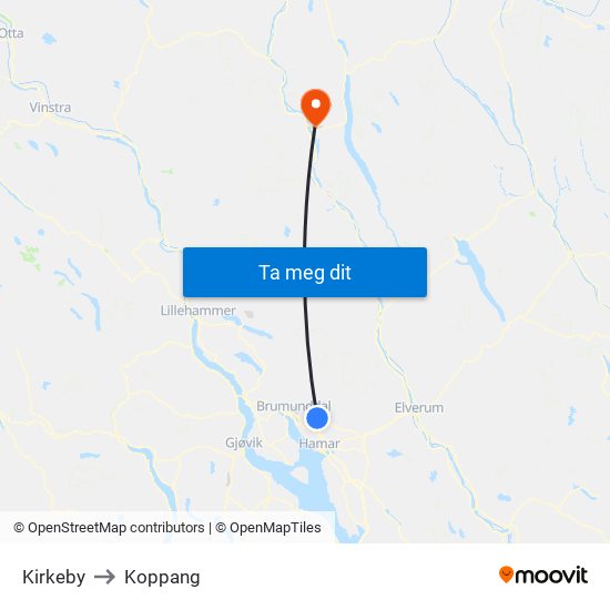 Kirkeby to Koppang map