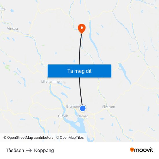 Tåsåsen to Koppang map