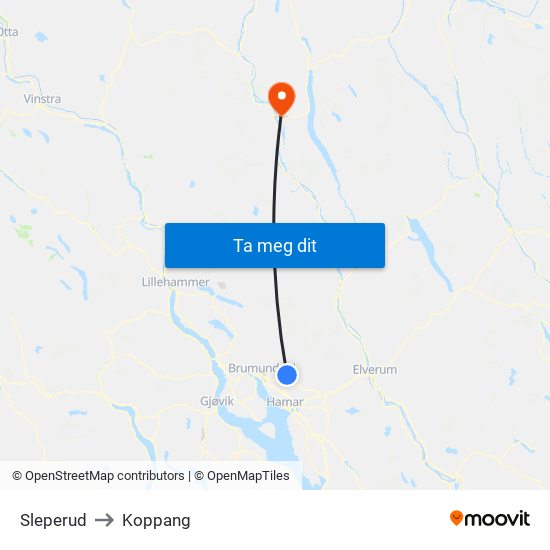 Sleperud to Koppang map