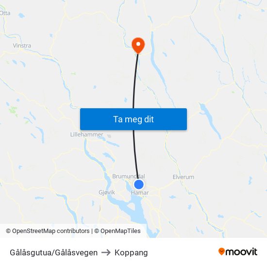 Gålåsgutua/Gålåsvegen to Koppang map