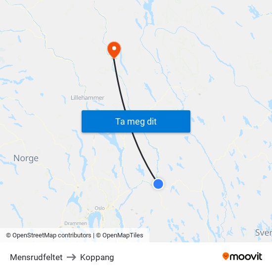 Mensrudfeltet to Koppang map