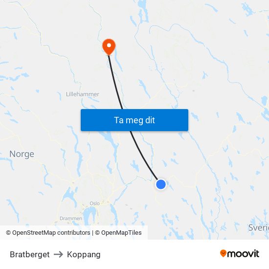 Bratberget to Koppang map