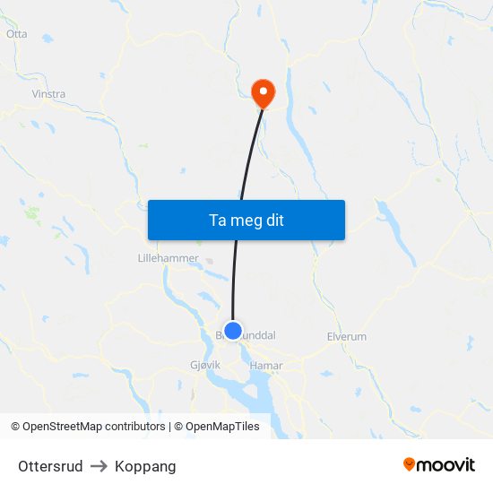 Ottersrud to Koppang map