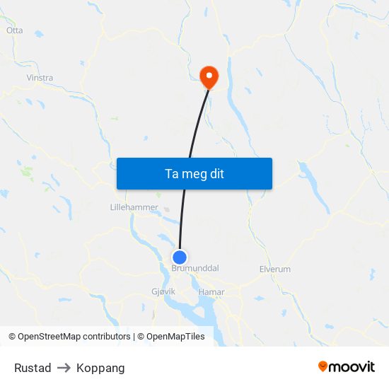 Rustad to Koppang map