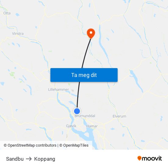 Sandbu to Koppang map