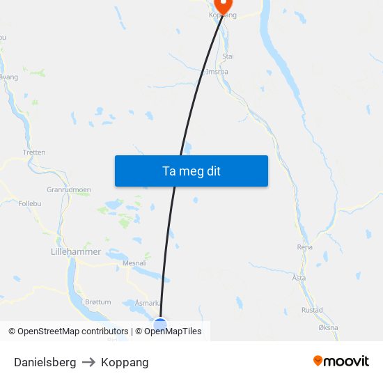 Danielsberg to Koppang map