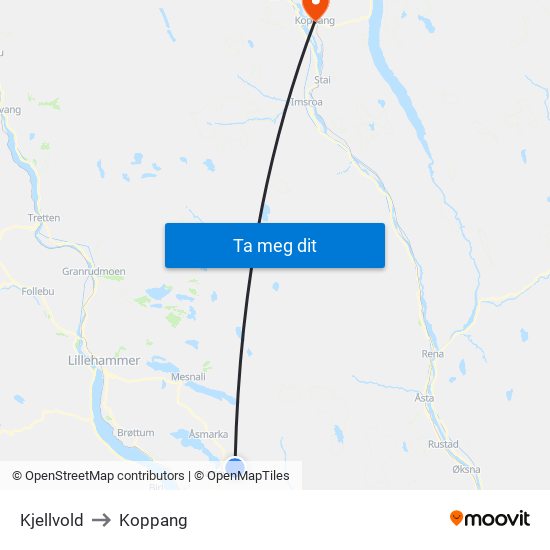 Kjellvold to Koppang map