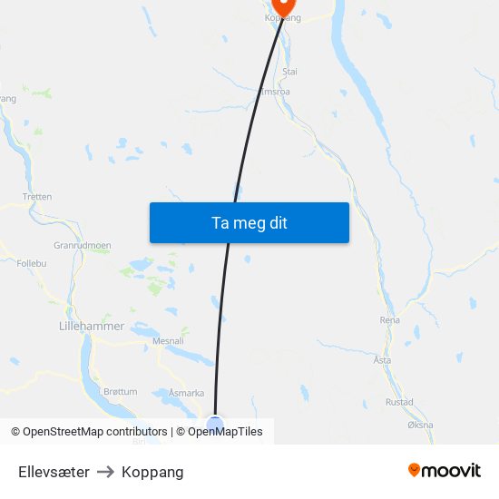 Ellevsæter to Koppang map