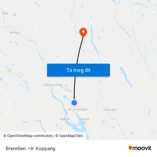 Brennlien to Koppang map