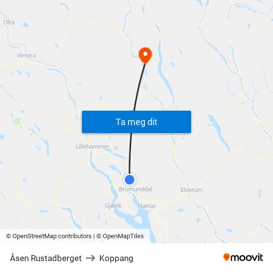 Åsen Rustadberget to Koppang map