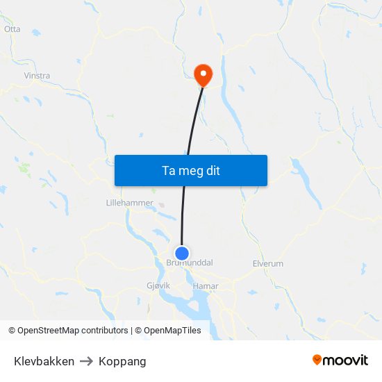 Klevbakken to Koppang map