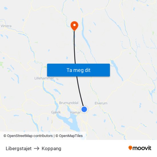 Libergstajet to Koppang map