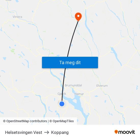 Helsetsvingen Vest to Koppang map