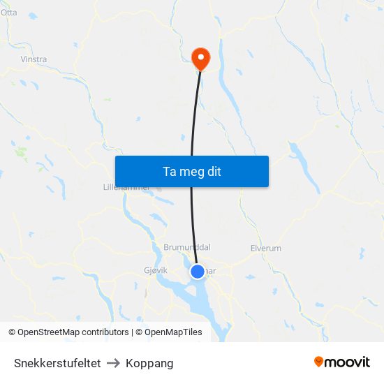 Snekkerstufeltet to Koppang map