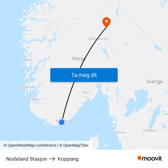 Nodeland Stasjon to Koppang map