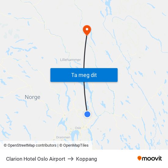 Clarion Hotel Oslo Airport to Koppang map