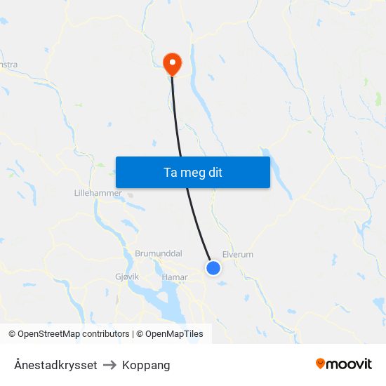 Ånestadkrysset to Koppang map