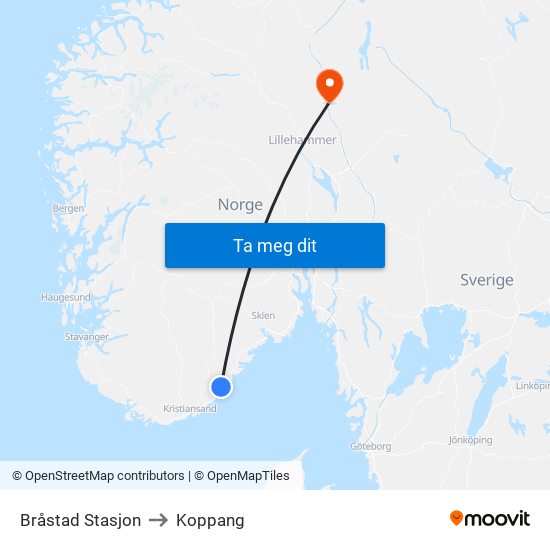 Bråstad Stasjon to Koppang map