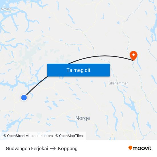 Gudvangen Ferjekai to Koppang map