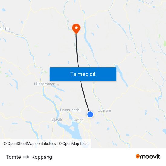 Tomte to Koppang map