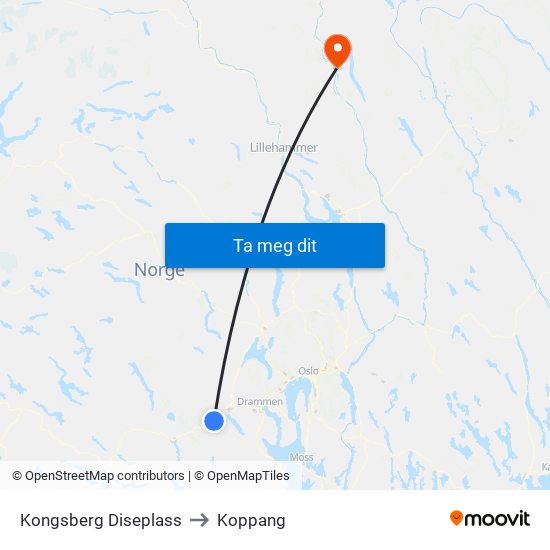 Kongsberg Diseplass to Koppang map