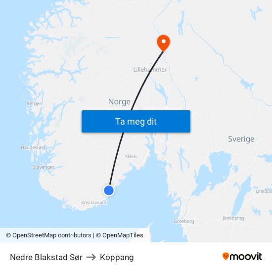 Nedre Blakstad Sør to Koppang map