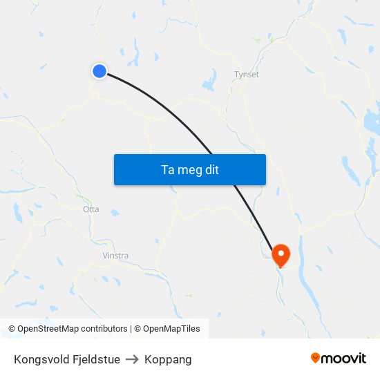 Kongsvold Fjeldstue to Koppang map