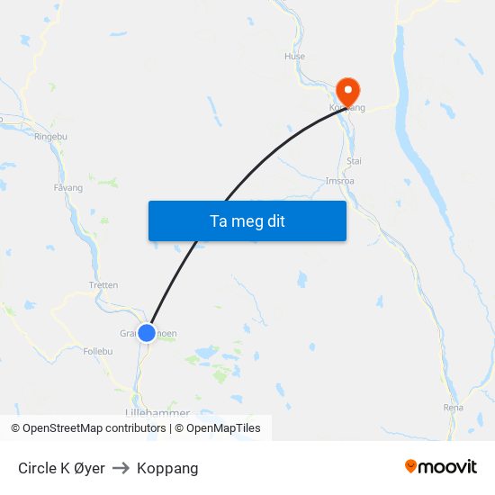 Circle K Øyer to Koppang map