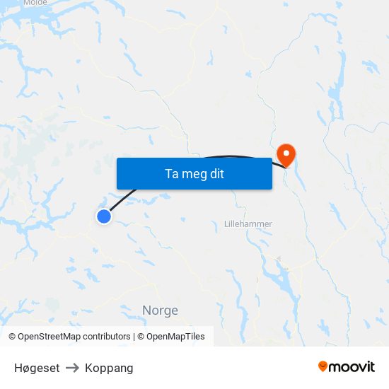 Høgeset to Koppang map