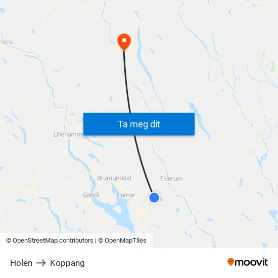 Holen to Koppang map