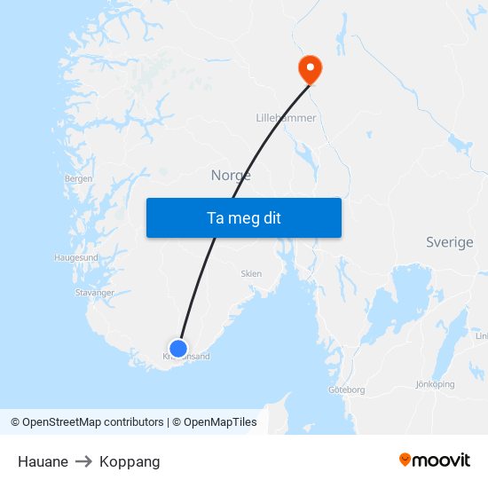 Hauane to Koppang map