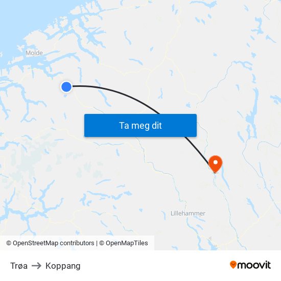 Trøa to Koppang map