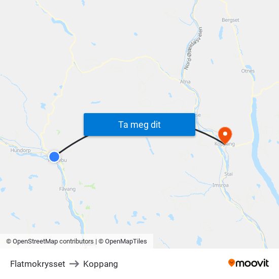 Flatmokrysset to Koppang map