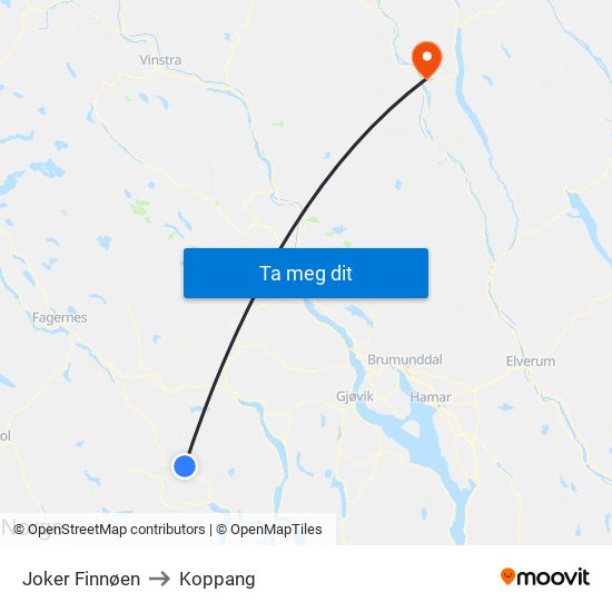 Joker Finnøen to Koppang map