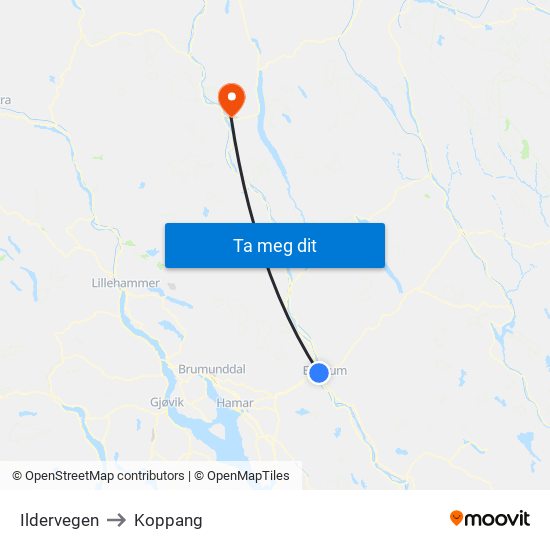 Ildervegen to Koppang map