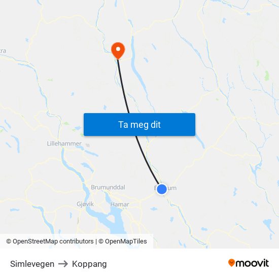 Simlevegen to Koppang map