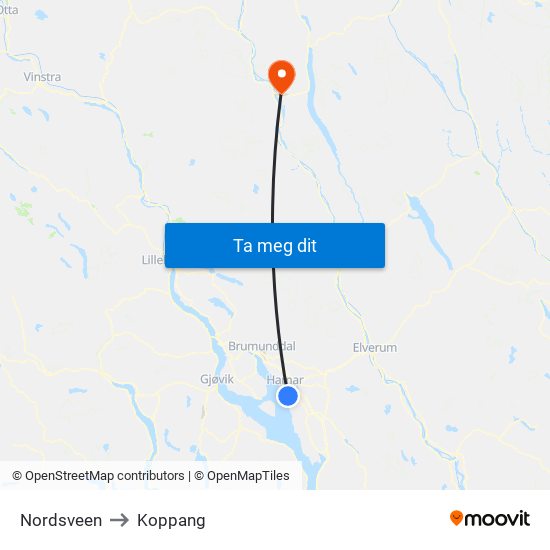 Nordsveen to Koppang map