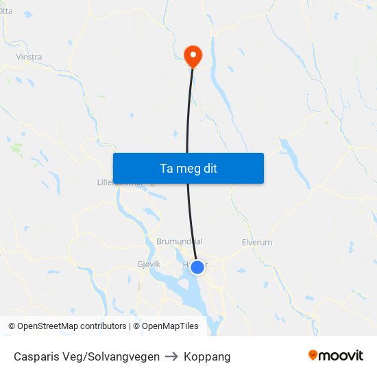 Casparis Veg/Solvangvegen to Koppang map