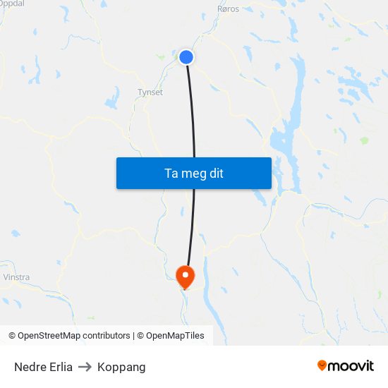 Nedre Erlia to Koppang map