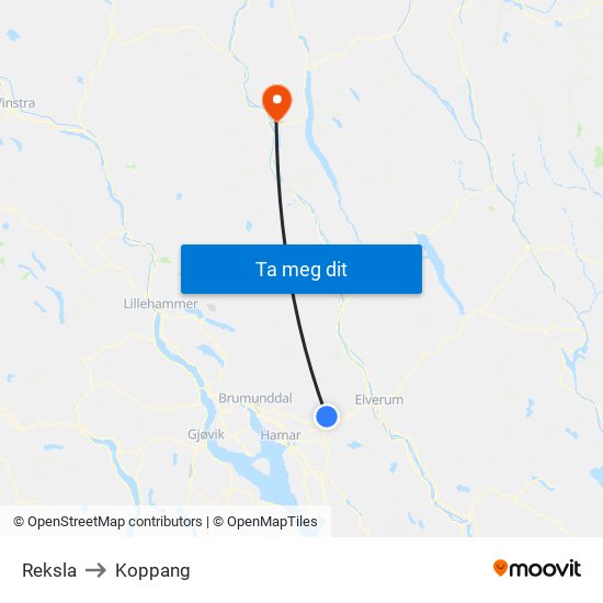 Reksla to Koppang map