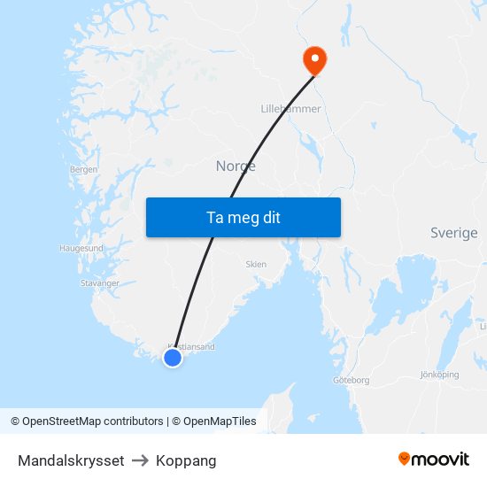 Mandalskrysset to Koppang map